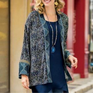 Soft Surroundings Aurora velvet open front topper mixed print scroll teal dressy